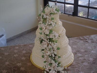 This Quinceanera cake was made using a 14 12 10 8 and 6 round pans